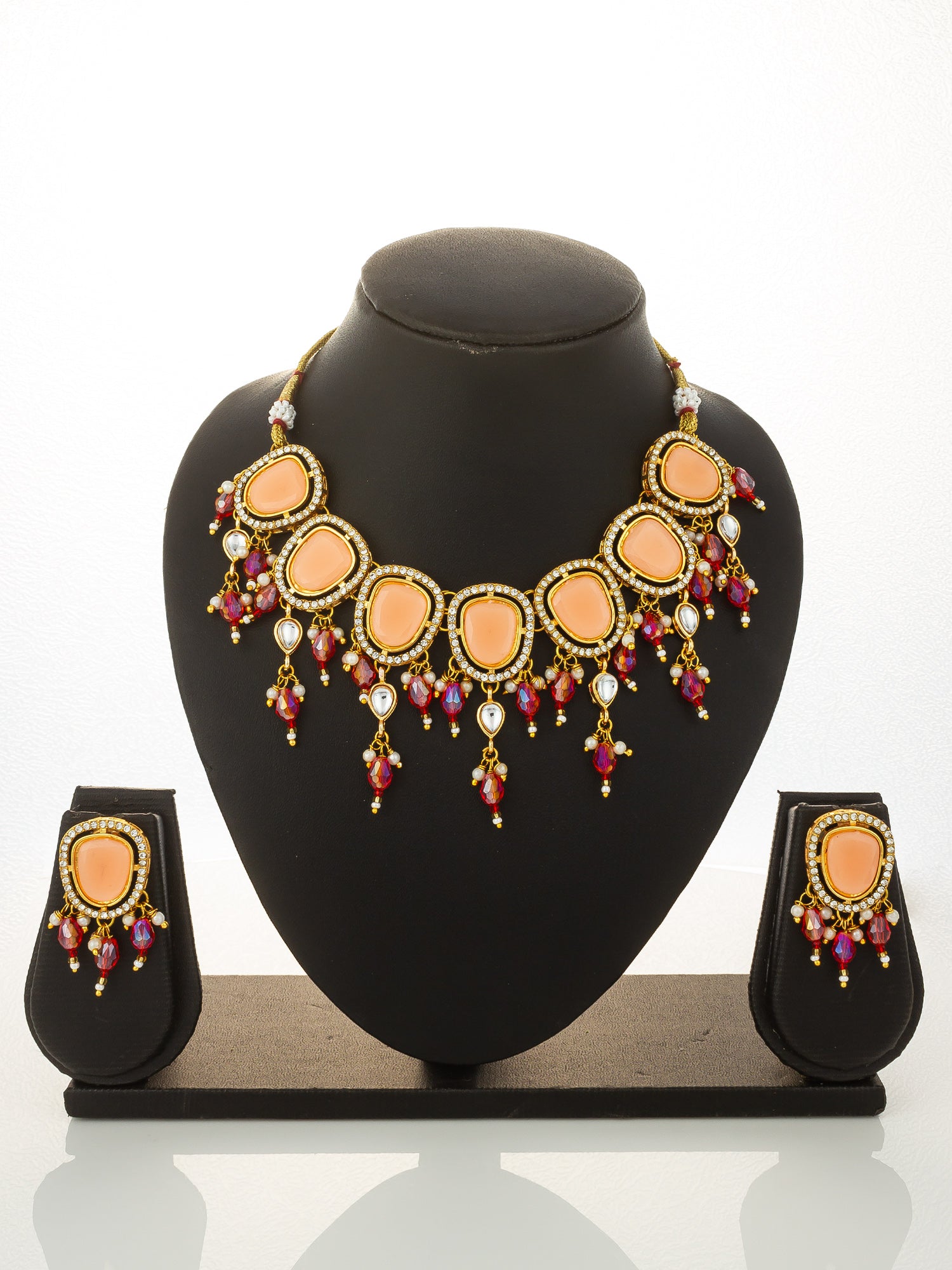 Aadita Gold Plated Peach Stone Choker Necklace with Dangles