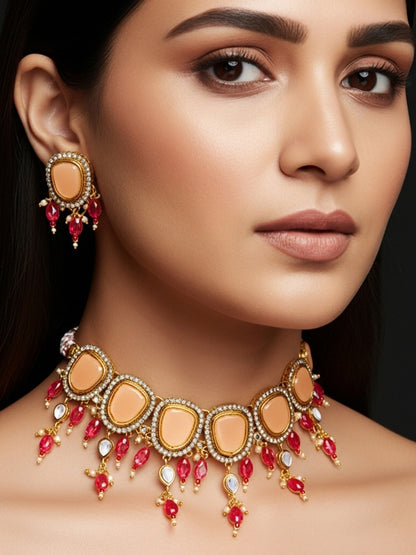 Aadita Gold Plated Peach Stone Choker Necklace with Dangles