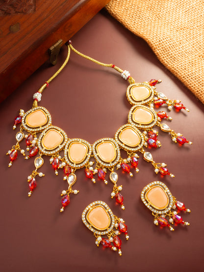 Aadita Gold Plated Peach Stone Choker Necklace with Dangles