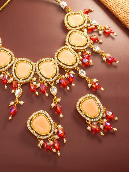 Aadita Gold Plated Peach Stone Choker Necklace with Dangles