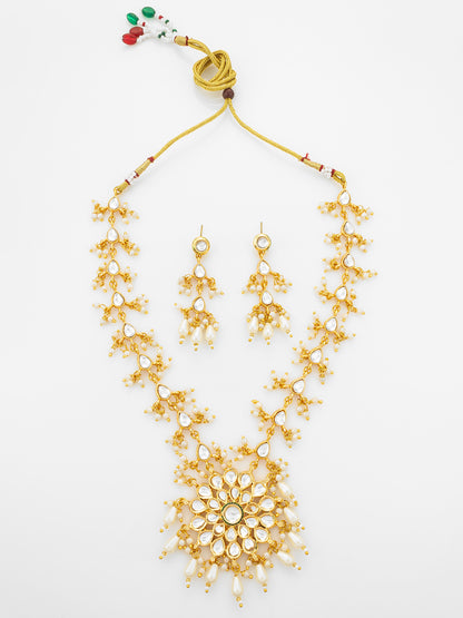 Aadita Gold Plated Kundan Floral Long Necklace Set with Pearl Drops