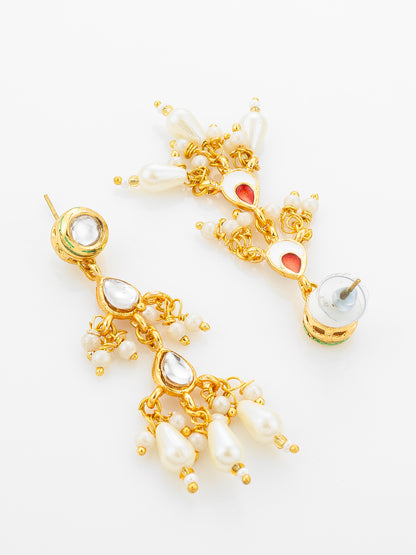 Aadita Gold Plated Kundan Floral Long Necklace Set with Pearl Drops