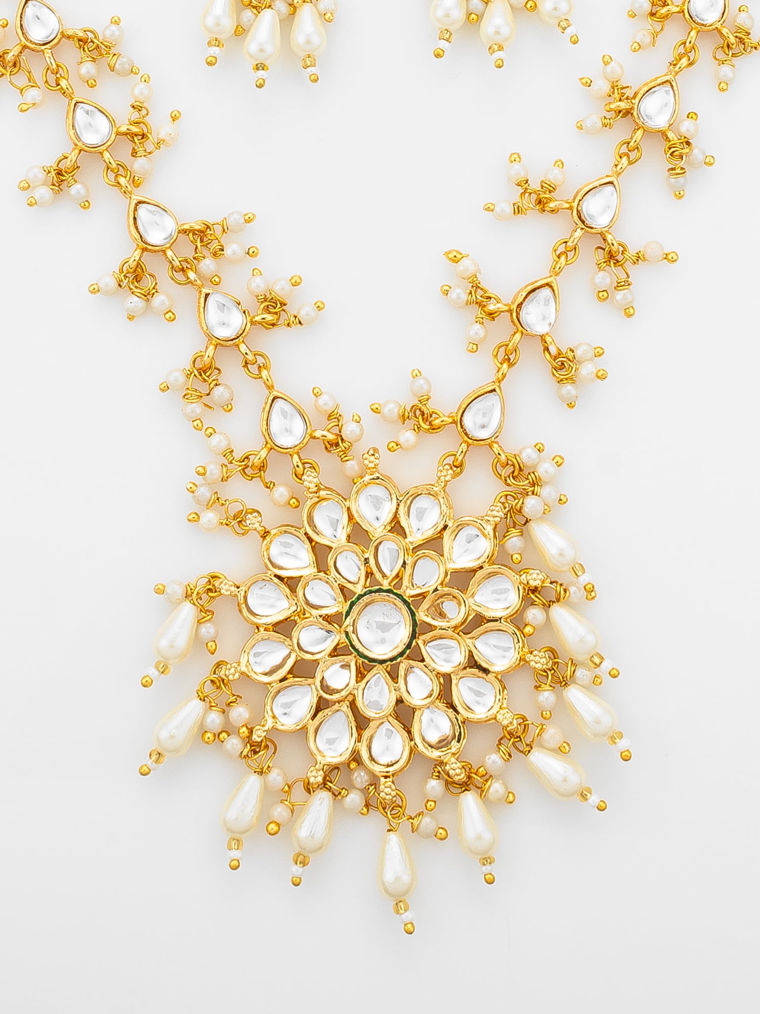 Aadita Gold Plated Kundan Floral Long Necklace Set with Pearl Drops