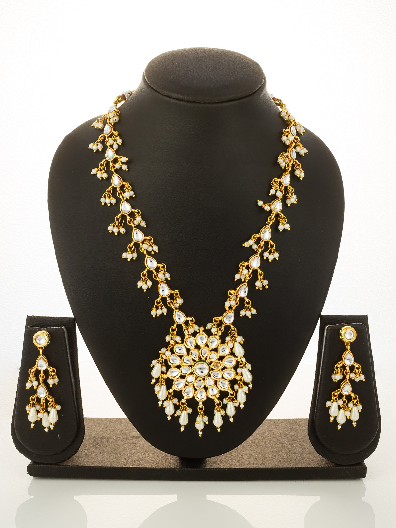 Aadita Gold Plated Kundan Floral Long Necklace Set with Pearl Drops