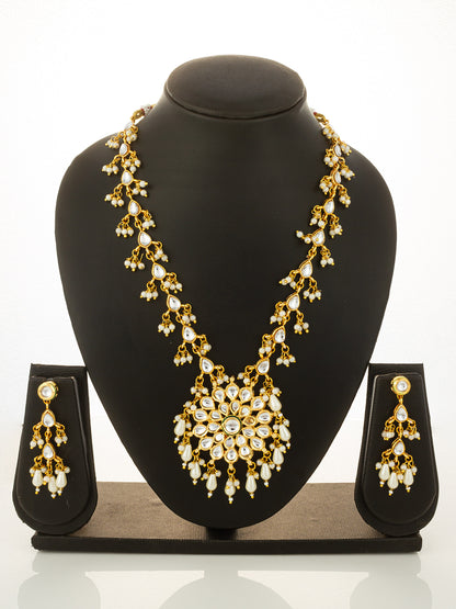 Aadita Gold Plated Kundan Floral Long Necklace Set with Pearl Drops