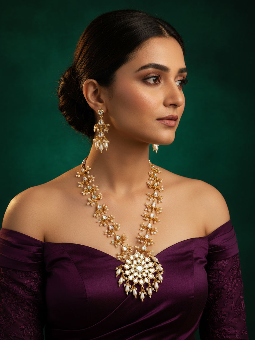 Aadita Gold Plated Kundan Floral Long Necklace Set with Pearl Drops