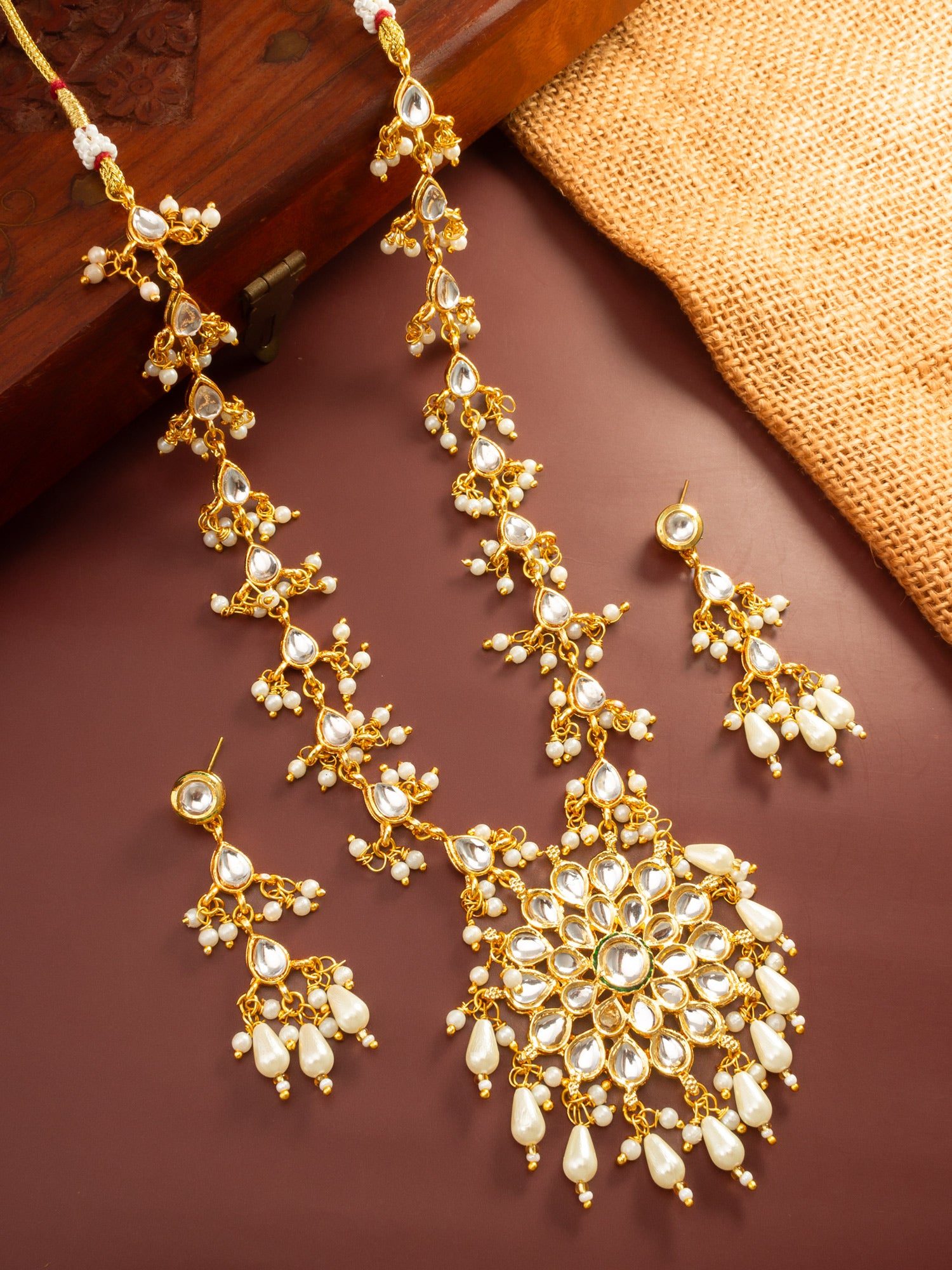 Aadita Gold Plated Kundan Floral Long Necklace Set with Pearl Drops