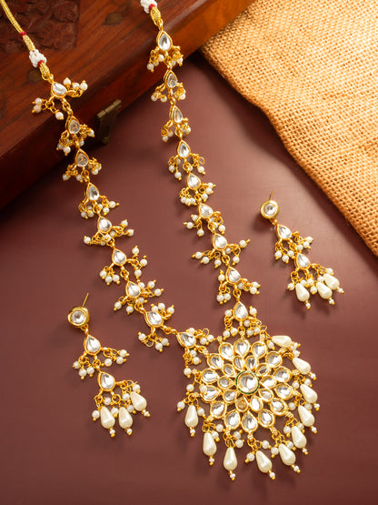 Aadita Gold Plated Kundan Floral Long Necklace Set with Pearl Drops