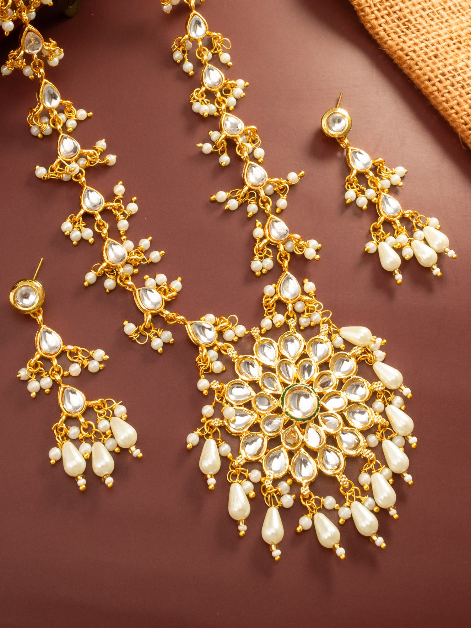 Aadita Gold Plated Kundan Floral Long Necklace Set with Pearl Drops