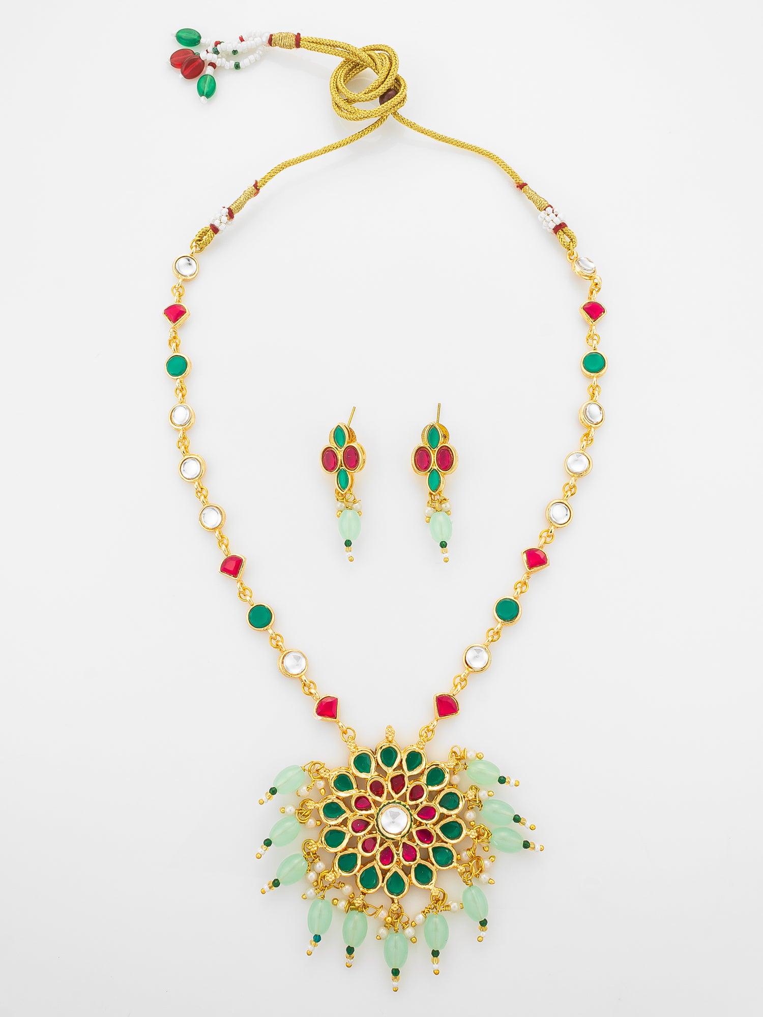 Aadita Gold Plated Kundan Necklace Set with Green and Pink Stones and Bead Droplets