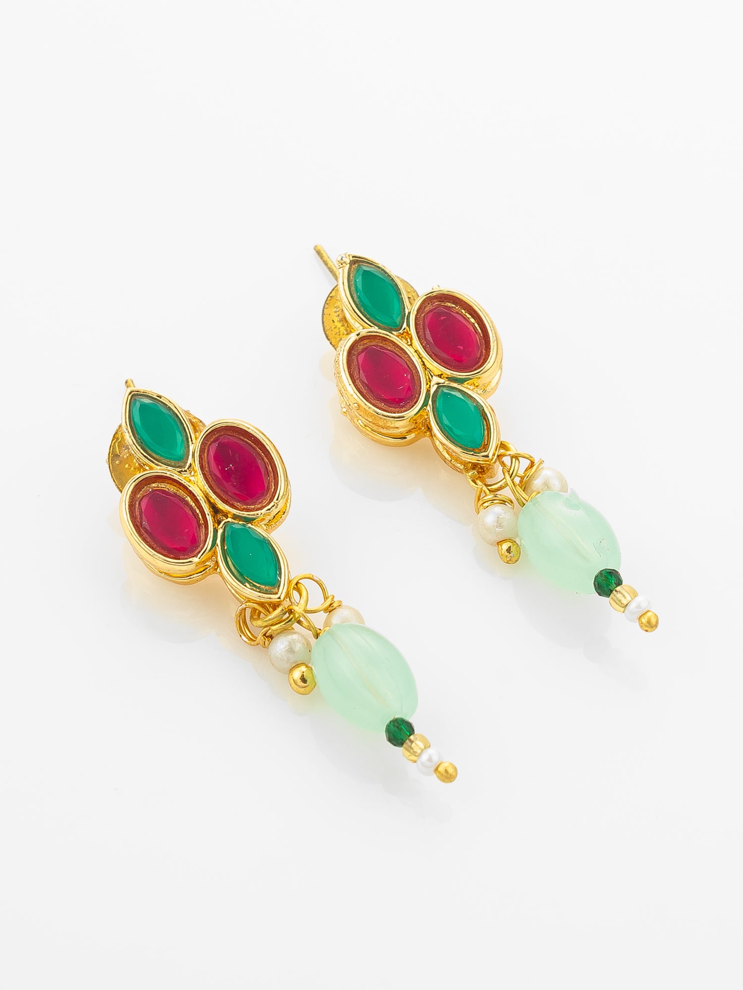 Aadita Gold Plated Kundan Necklace Set with Green and Pink Stones and Bead Droplets