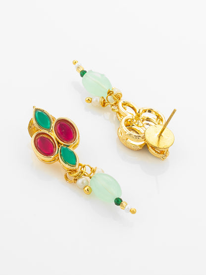 Aadita Gold Plated Kundan Necklace Set with Green and Pink Stones and Bead Droplets