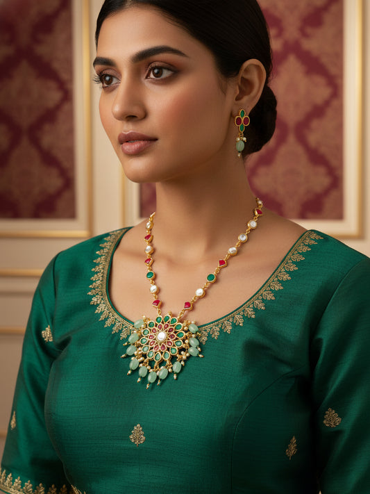 Aadita Gold Plated Kundan Necklace Set with Green and Pink Stones and Bead Droplets