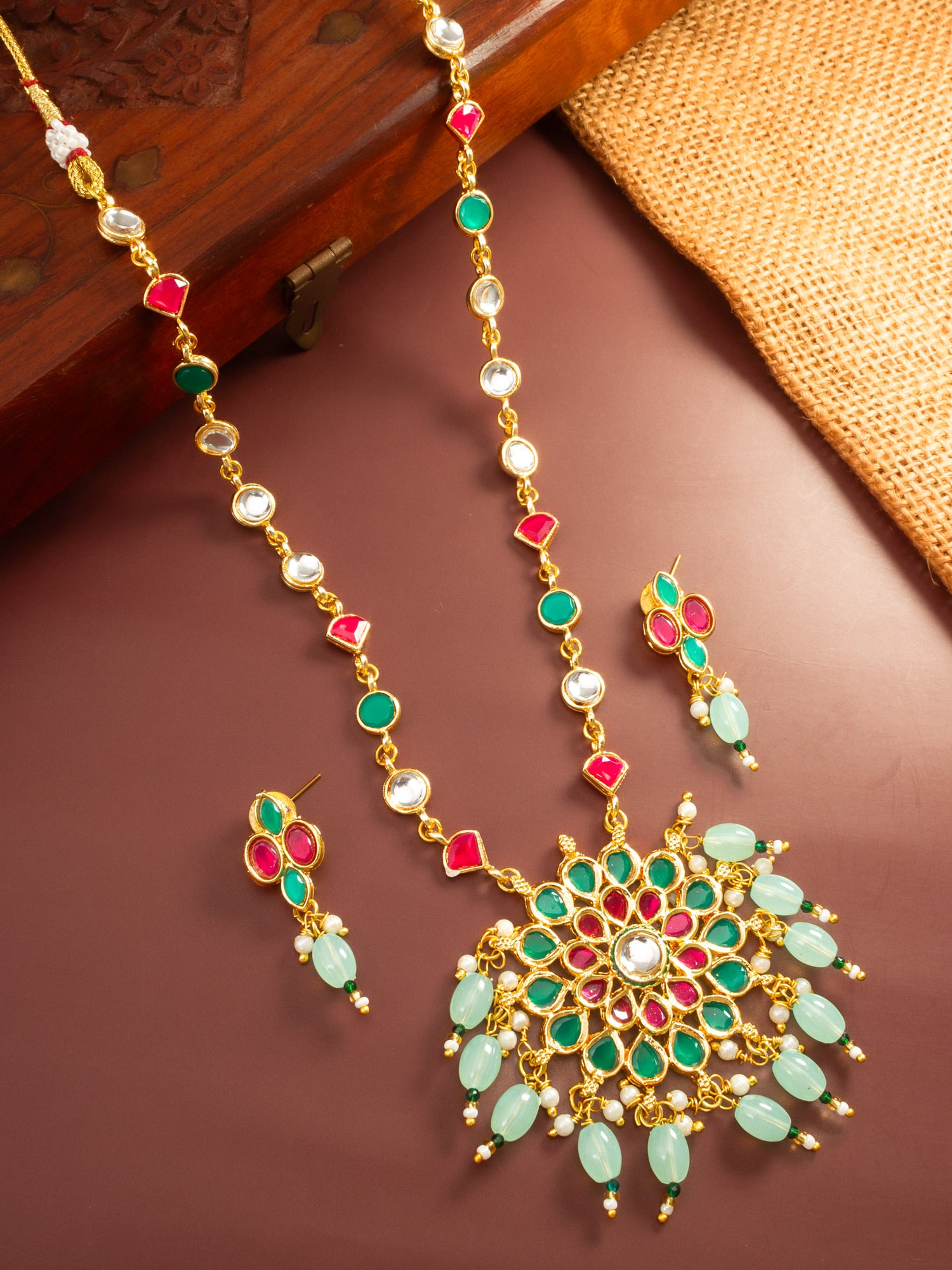 Aadita Gold Plated Kundan Necklace Set with Green and Pink Stones and Bead Droplets