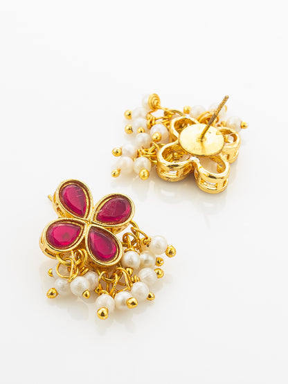 Aadita Gold Plated Pink Floral Kundan Necklace Set with Pearl Clusters
