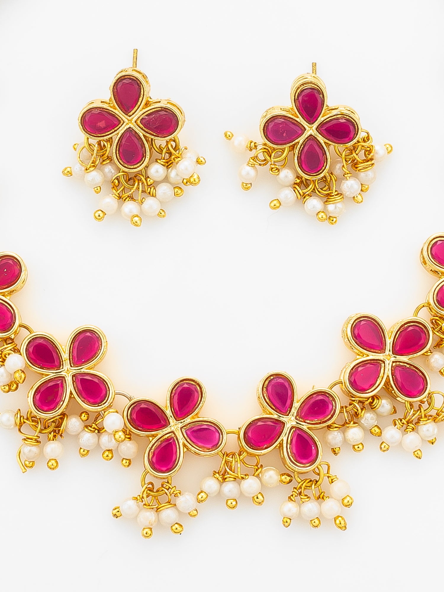 Aadita Gold Plated Pink Floral Kundan Necklace Set with Pearl Clusters