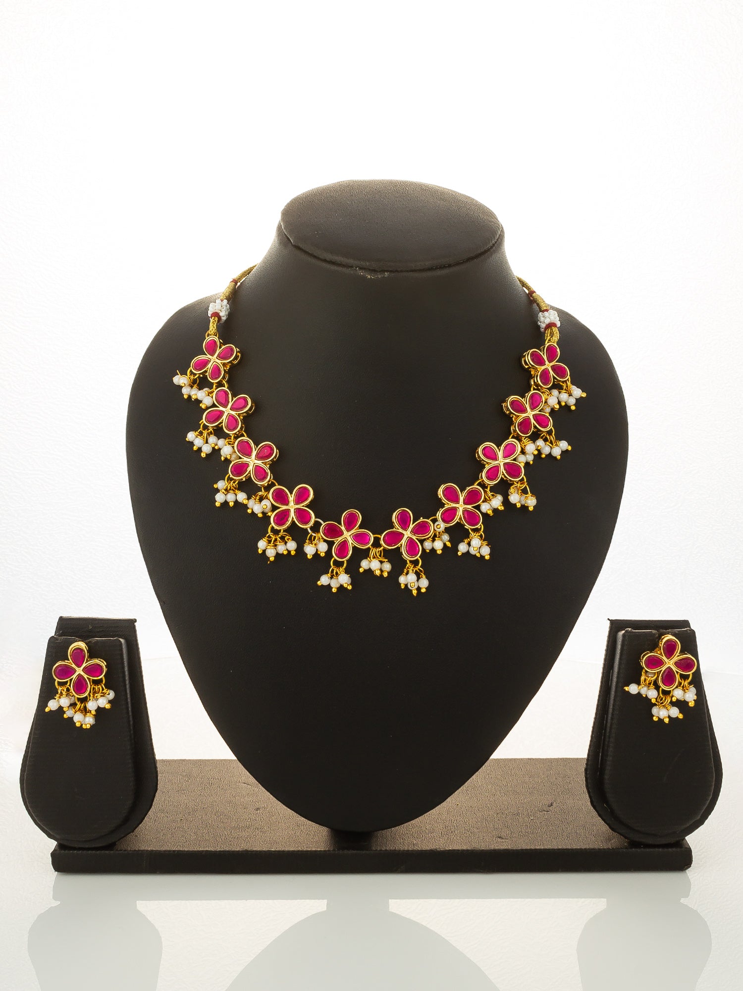 Aadita Gold Plated Pink Floral Kundan Necklace Set with Pearl Clusters
