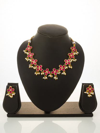 Aadita Gold Plated Pink Floral Kundan Necklace Set with Pearl Clusters