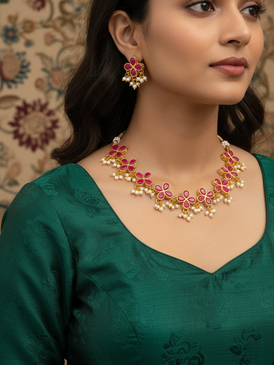 Aadita Gold Plated Pink Floral Kundan Necklace Set with Pearl Clusters