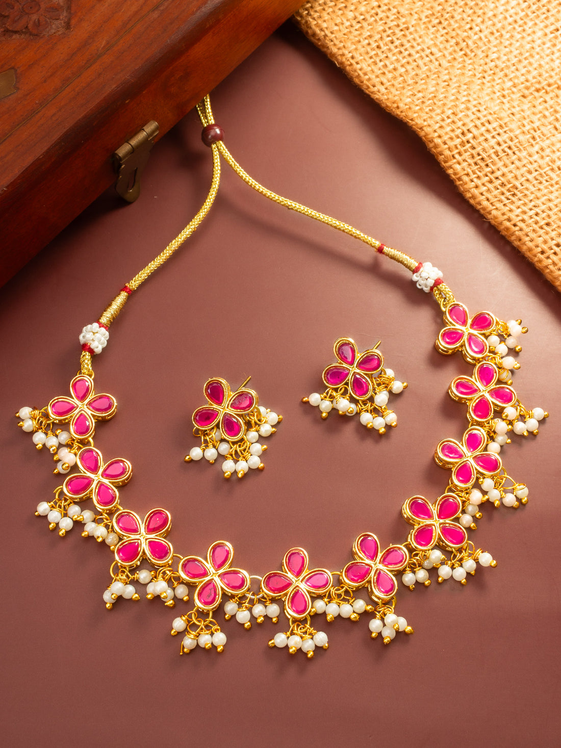 Gold Plated Pink Floral Kundan Necklace Set with Pearl Clusters
