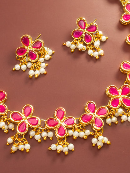 Aadita Gold Plated Pink Floral Kundan Necklace Set with Pearl Clusters