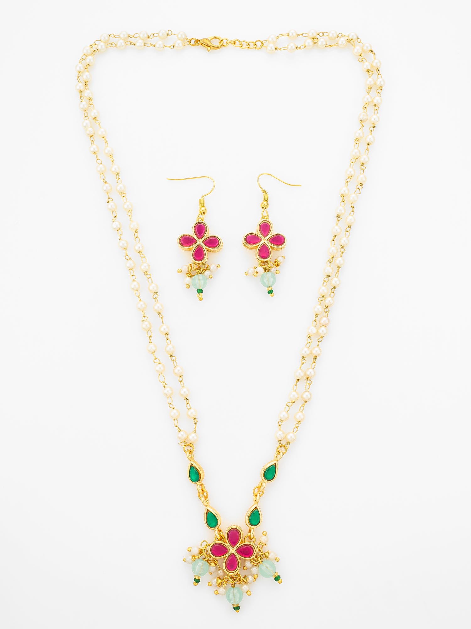 Aadita Gold Plated Double Layered Pearl Chain Necklace with Floral Pendant