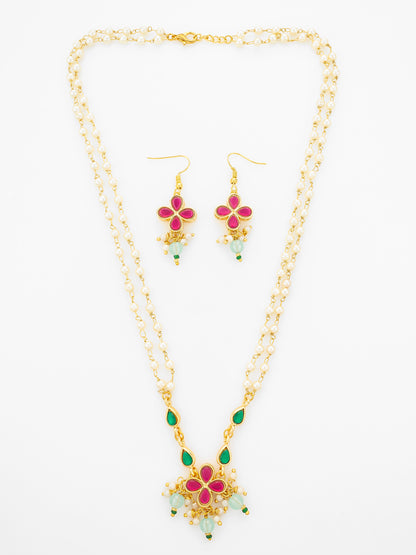 Aadita Gold Plated Double Layered Pearl Chain Necklace with Floral Pendant