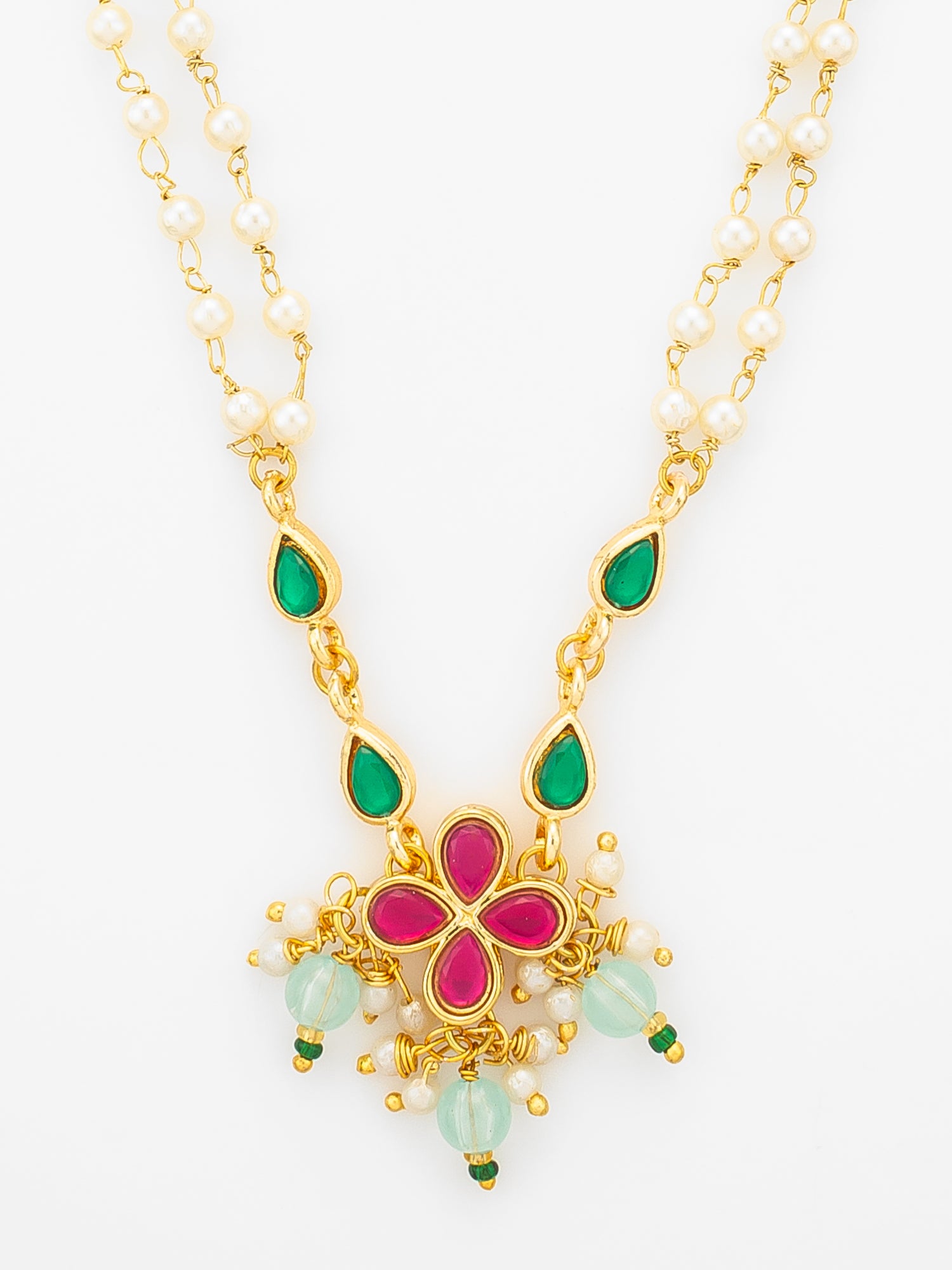 Aadita Gold Plated Double Layered Pearl Chain Necklace with Floral Pendant