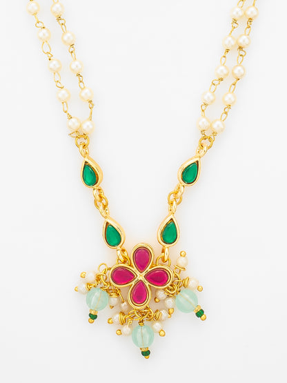 Aadita Gold Plated Double Layered Pearl Chain Necklace with Floral Pendant