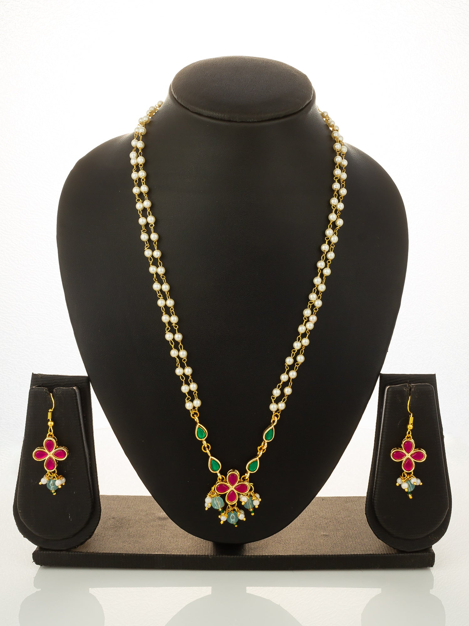 Aadita Gold Plated Double Layered Pearl Chain Necklace with Floral Pendant