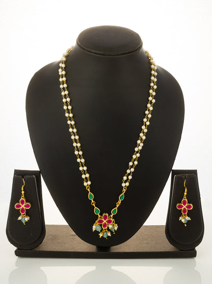 Aadita Gold Plated Double Layered Pearl Chain Necklace with Floral Pendant