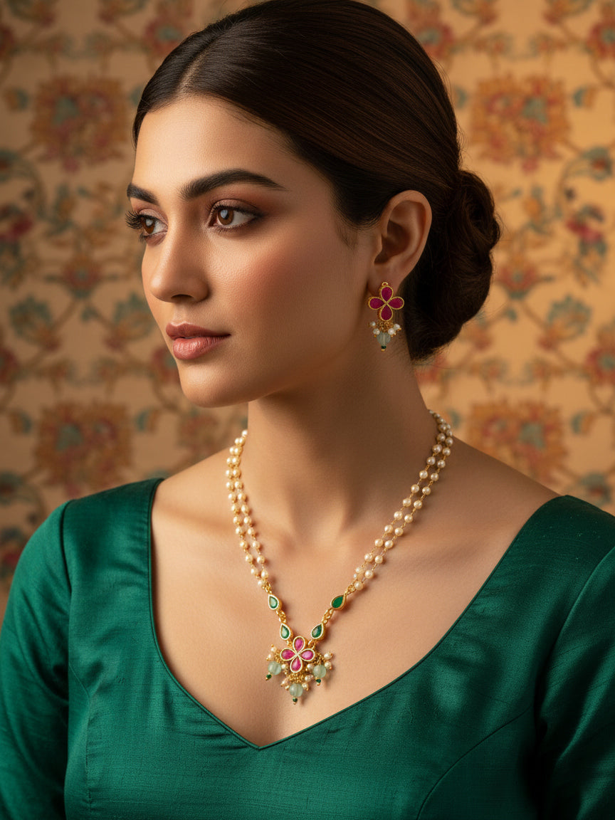 Aadita Gold Plated Double Layered Pearl Chain Necklace with Floral Pendant