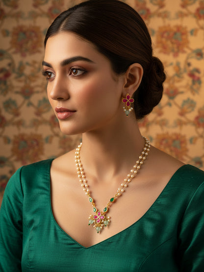 Aadita Gold Plated Double Layered Pearl Chain Necklace with Floral Pendant