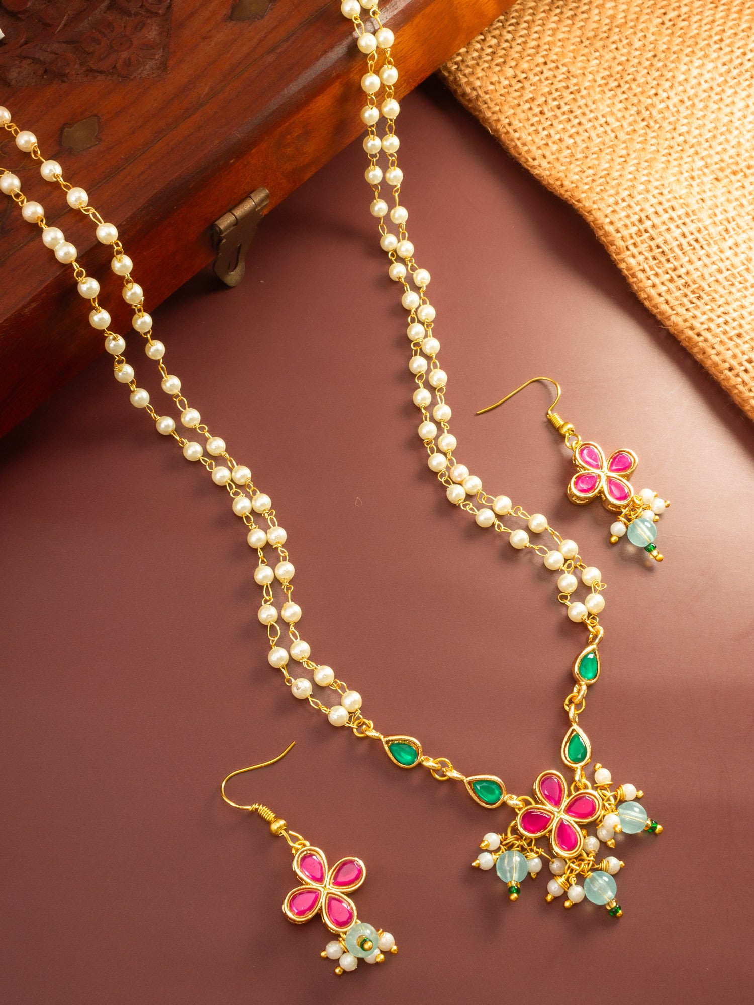 Aadita Gold Plated Double Layered Pearl Chain Necklace with Floral Pendant