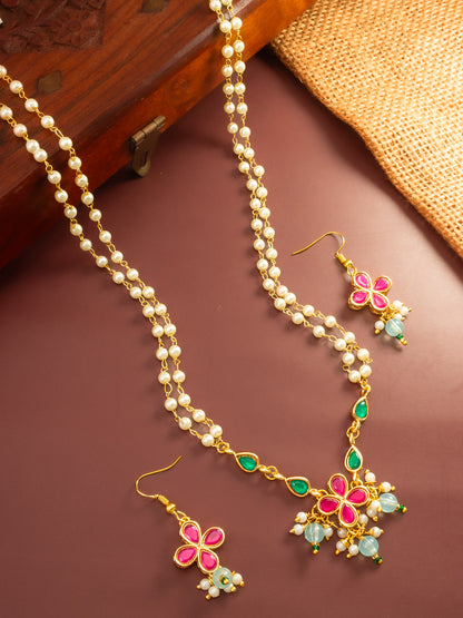 Aadita Gold Plated Double Layered Pearl Chain Necklace with Floral Pendant