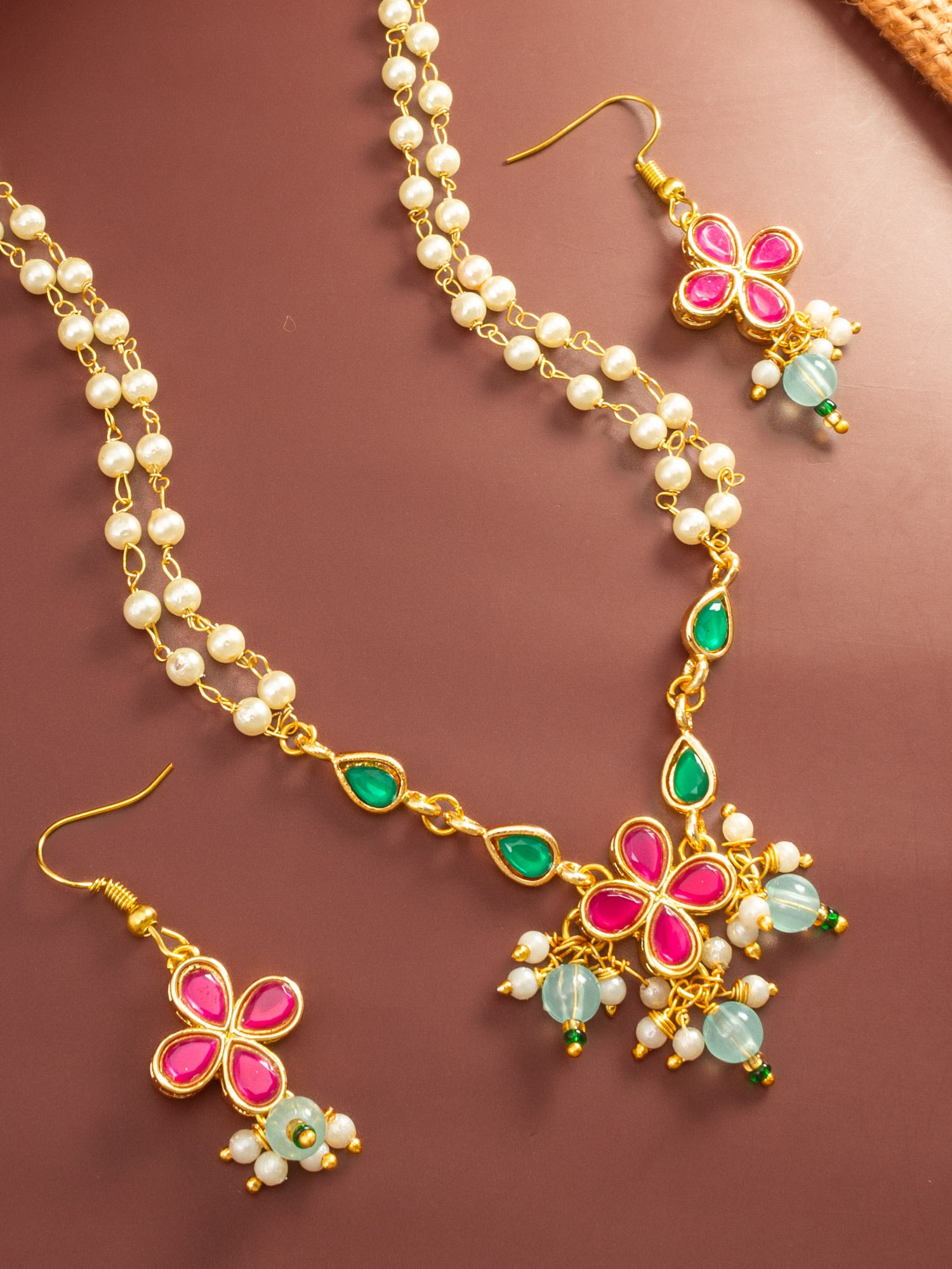 Aadita Gold Plated Double Layered Pearl Chain Necklace with Floral Pendant