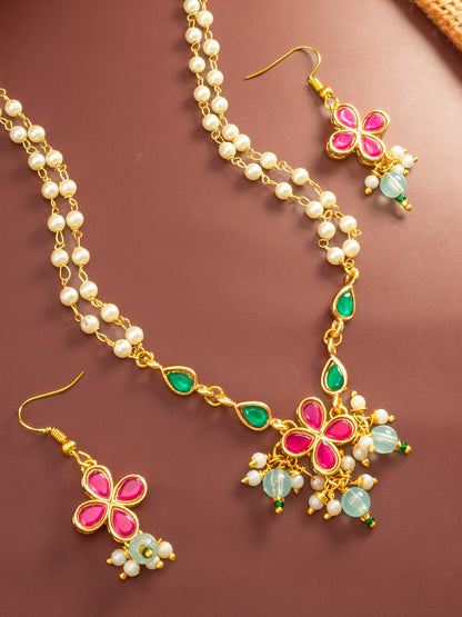 Aadita Gold Plated Double Layered Pearl Chain Necklace with Floral Pendant