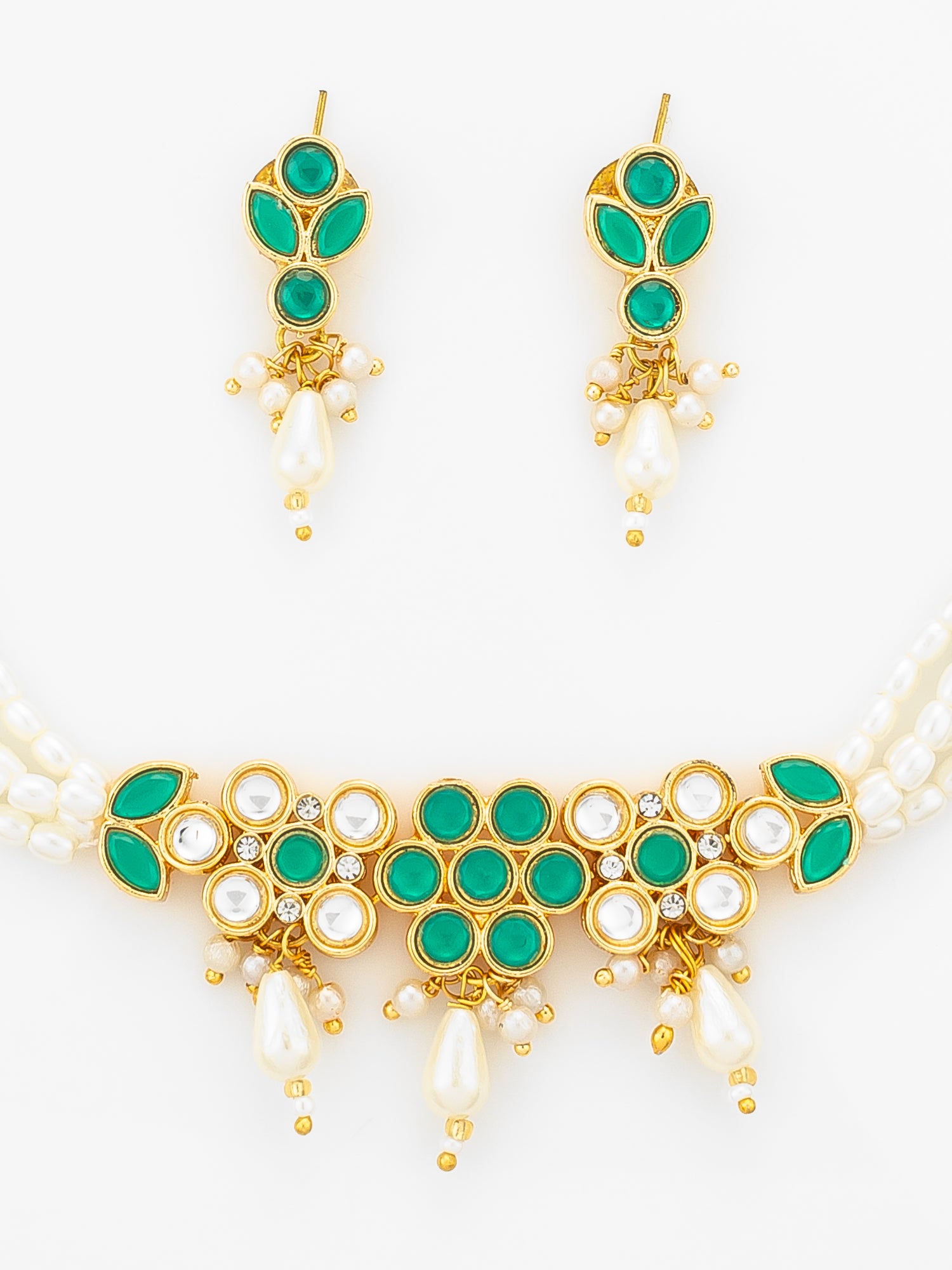 Aadita Gold Plated Multi Strand Pearl Bead Choker with Green Kundan Pendant