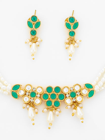 Aadita Gold Plated Multi Strand Pearl Bead Choker with Green Kundan Pendant