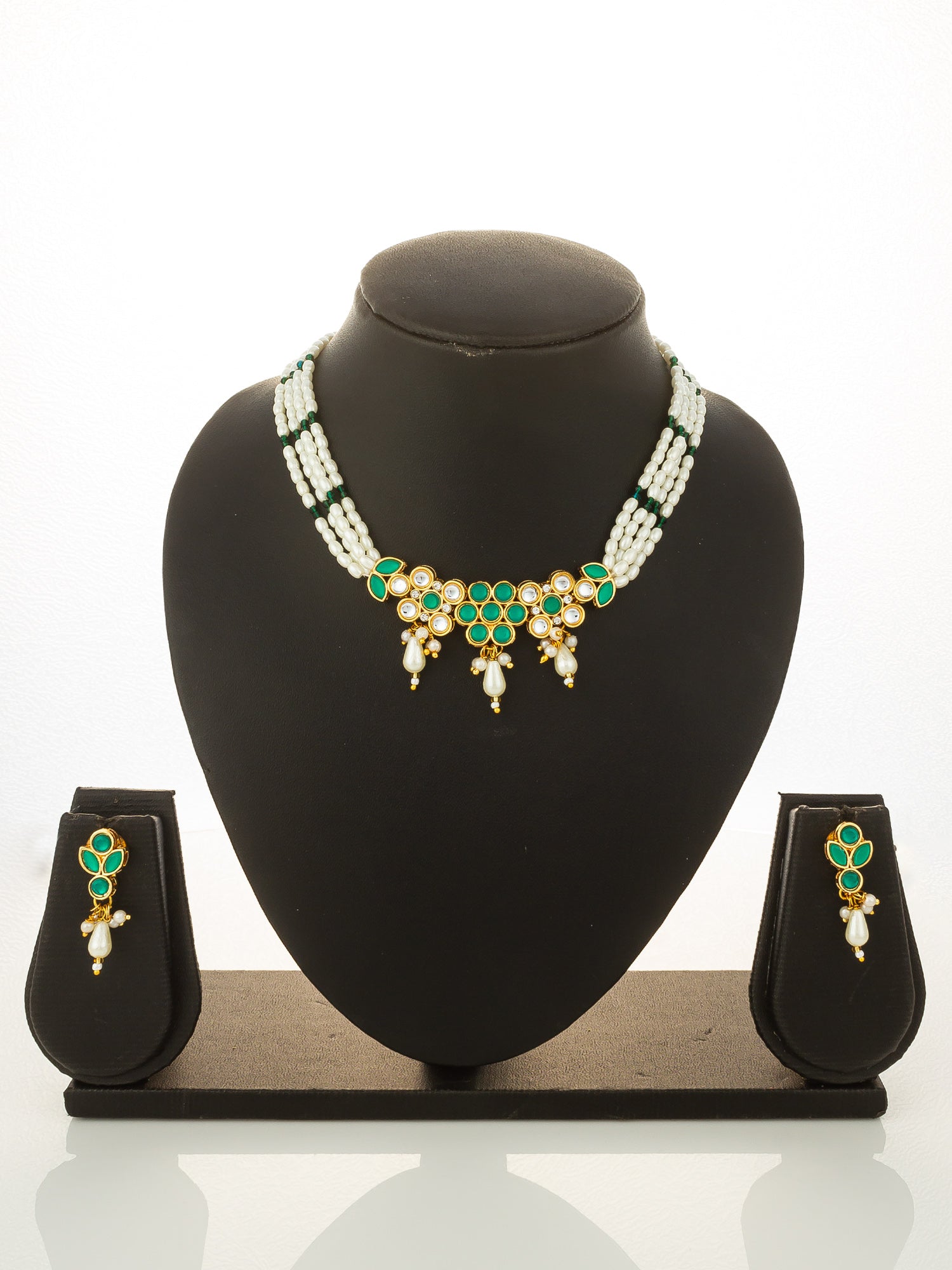 Aadita Gold Plated Multi Strand Pearl Bead Choker with Green Kundan Pendant