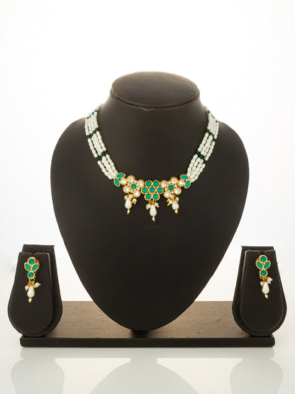 Aadita Gold Plated Multi Strand Pearl Bead Choker with Green Kundan Pendant