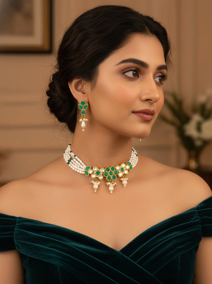 Aadita Gold Plated Multi Strand Pearl Bead Choker with Green Kundan Pendant