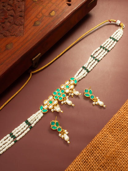 Aadita Gold Plated Multi Strand Pearl Bead Choker with Green Kundan Pendant