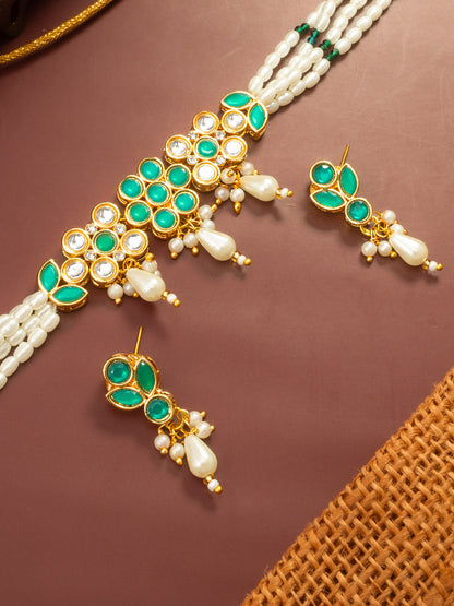 Aadita Gold Plated Multi Strand Pearl Bead Choker with Green Kundan Pendant