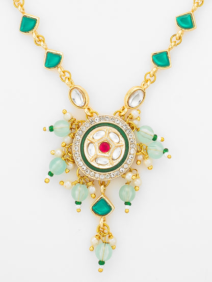 Aadita Gold Plated Green Stone Kundan Necklace with Circular Pendant