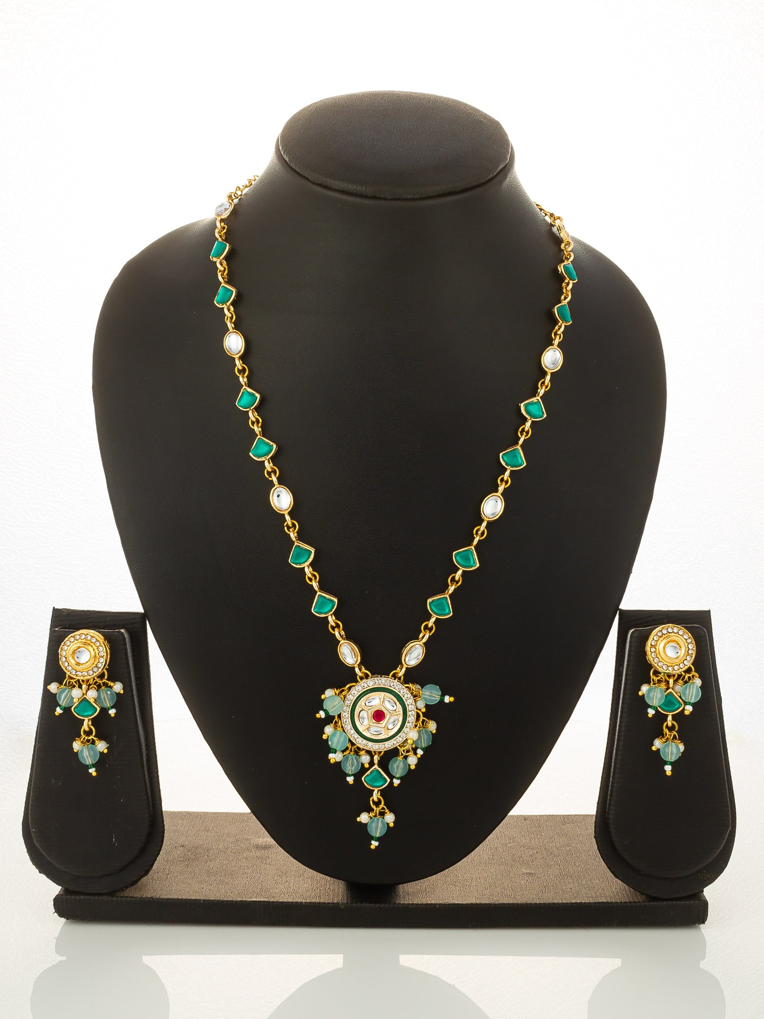 Aadita Gold Plated Green Stone Kundan Necklace with Circular Pendant