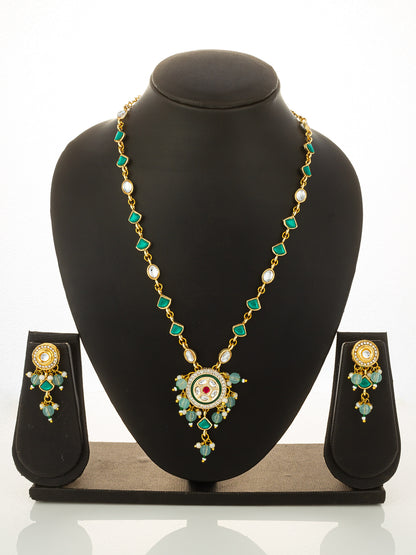 Aadita Gold Plated Green Stone Kundan Necklace with Circular Pendant