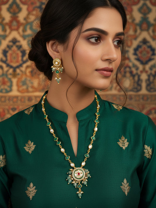 Aadita Gold Plated Green Stone Kundan Necklace with Circular Pendant