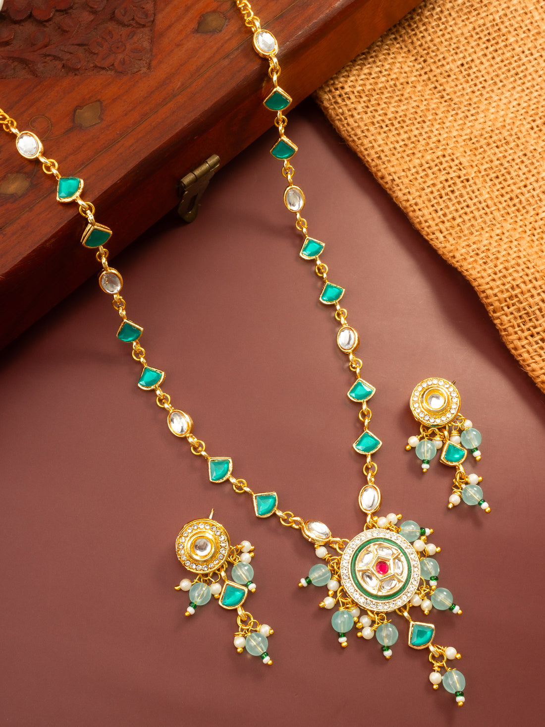 Gold Plated Green Stone Kundan Necklace with Circular Pendant