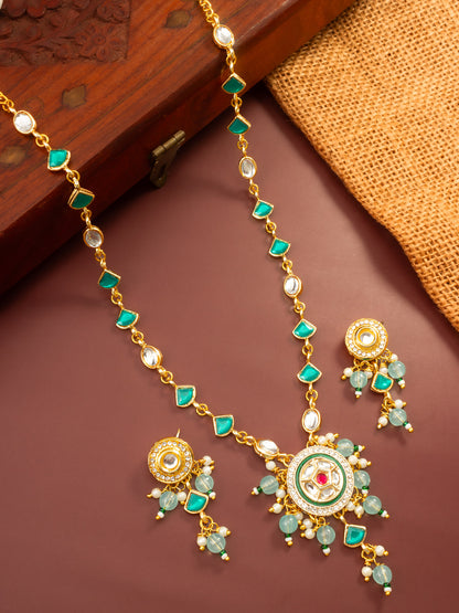 Aadita Gold Plated Green Stone Kundan Necklace with Circular Pendant